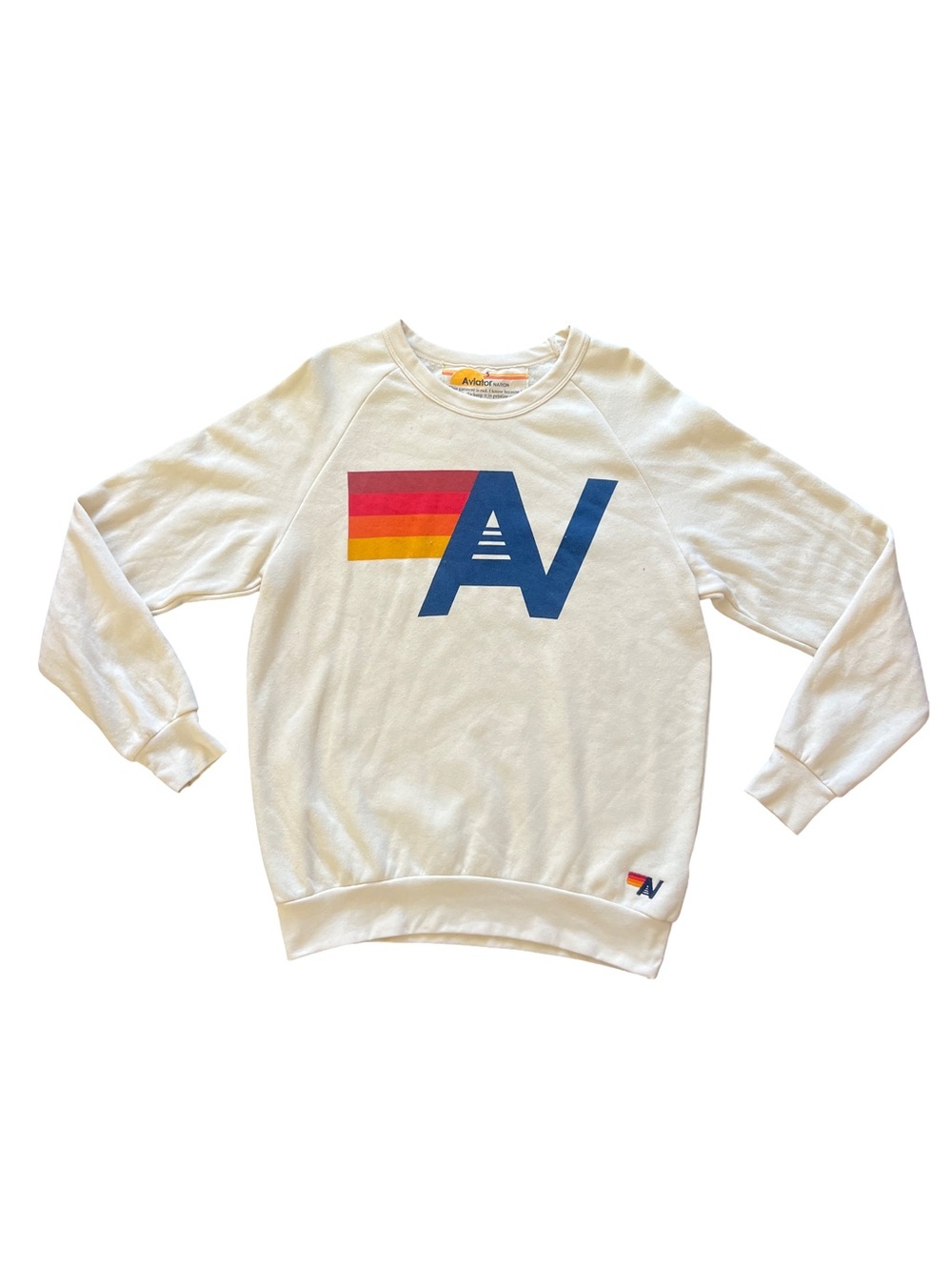 Aviator Nation White Crewneck Sweatshirt with Retro AV Stripe Logo